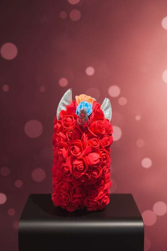 Handgemaakte eenhoorn met rode bloemen – 25 cm | Uniek handwerk, sprookjesachtig decor of cadeau
