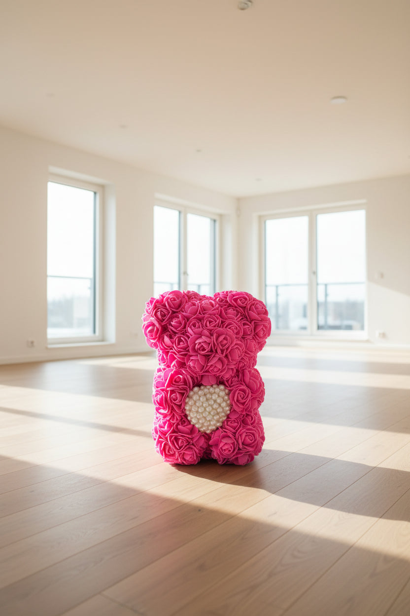 Handmade Pink Rose Bear with White Heart (25 cm) – romantic gift