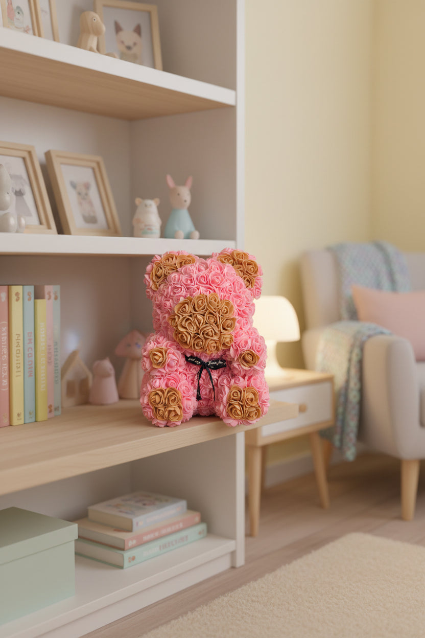 Handgemaakte roze bloemenbeer 30cm – met bruine details, de rozenbeer die nooit verwelkt