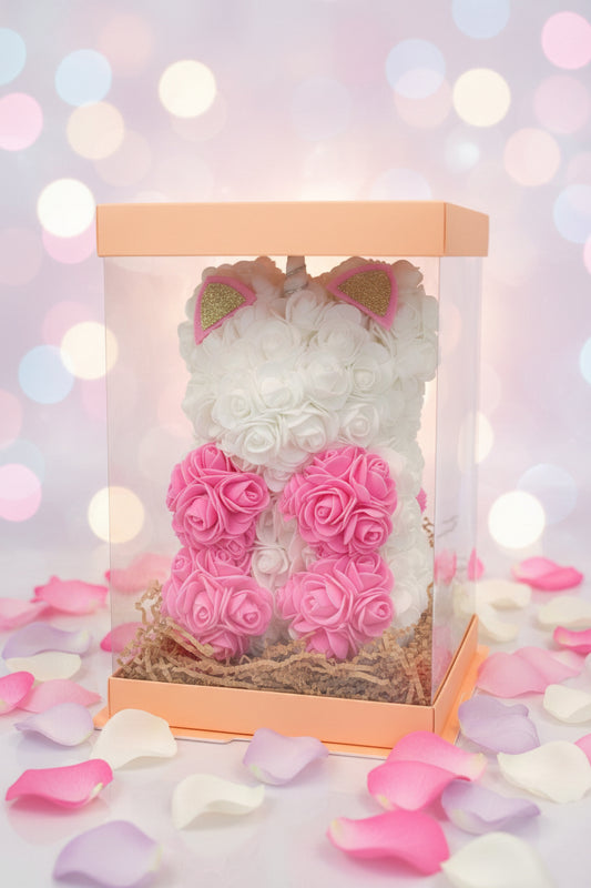 Handgemaakte unicorn bloemenbeer 25 cm – betoverend cadeau dat nooit verwelkt