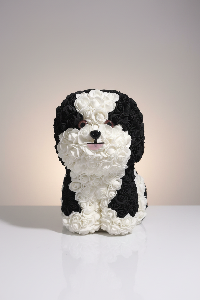 Handgemaakte rozenhond 30 cm – Uniek bloemenbeeld en hartverwarmend cadeau