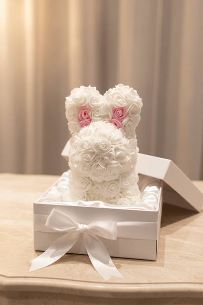 Lapin fait main avec fleurs 25 cm