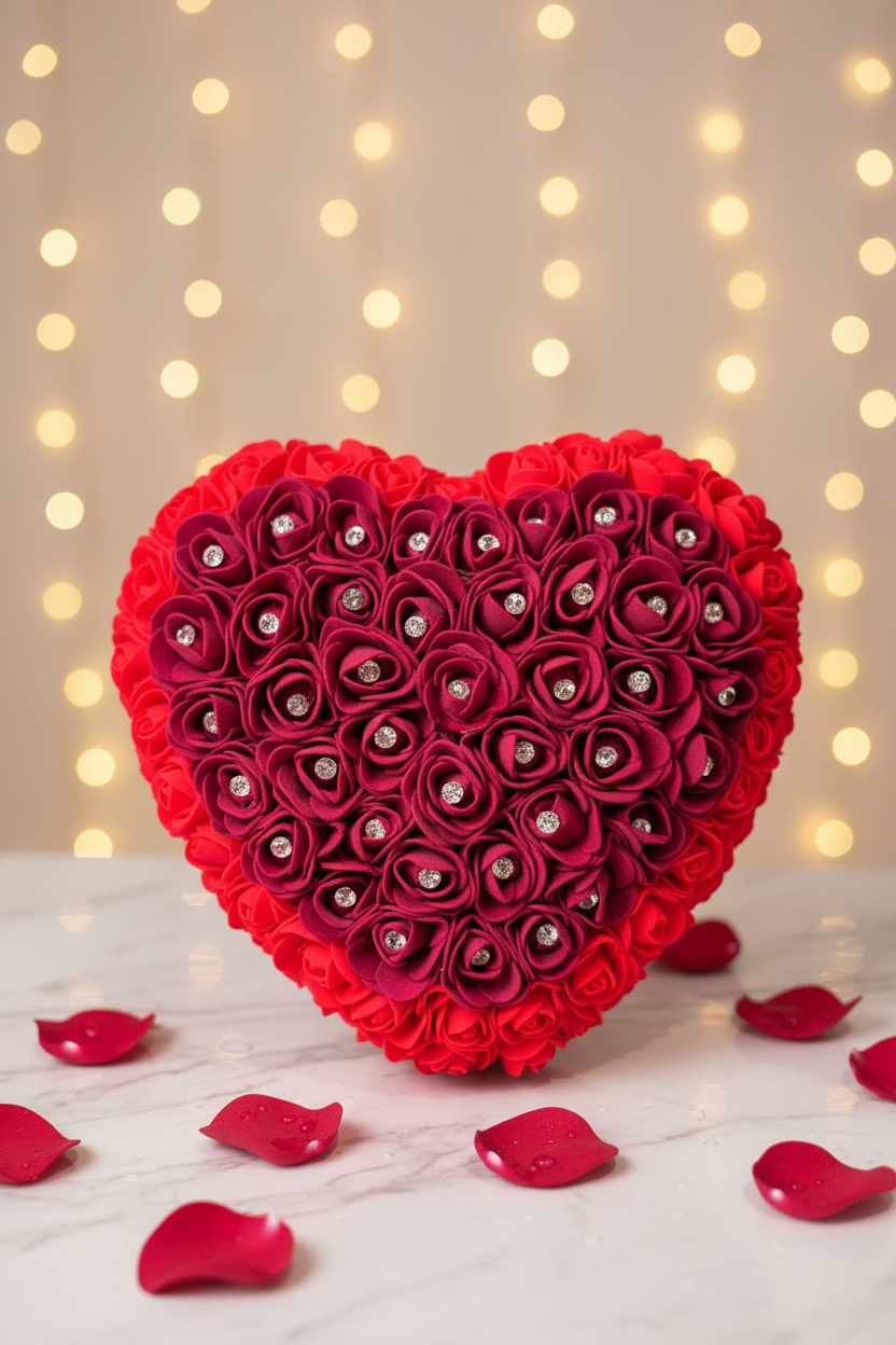 Cœur de rose fait main 25 cm avec épingles strass cristal – élégant et romantique