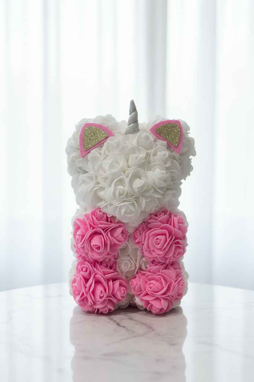 unicorn bloemenbeer handgemaakt 25 cm