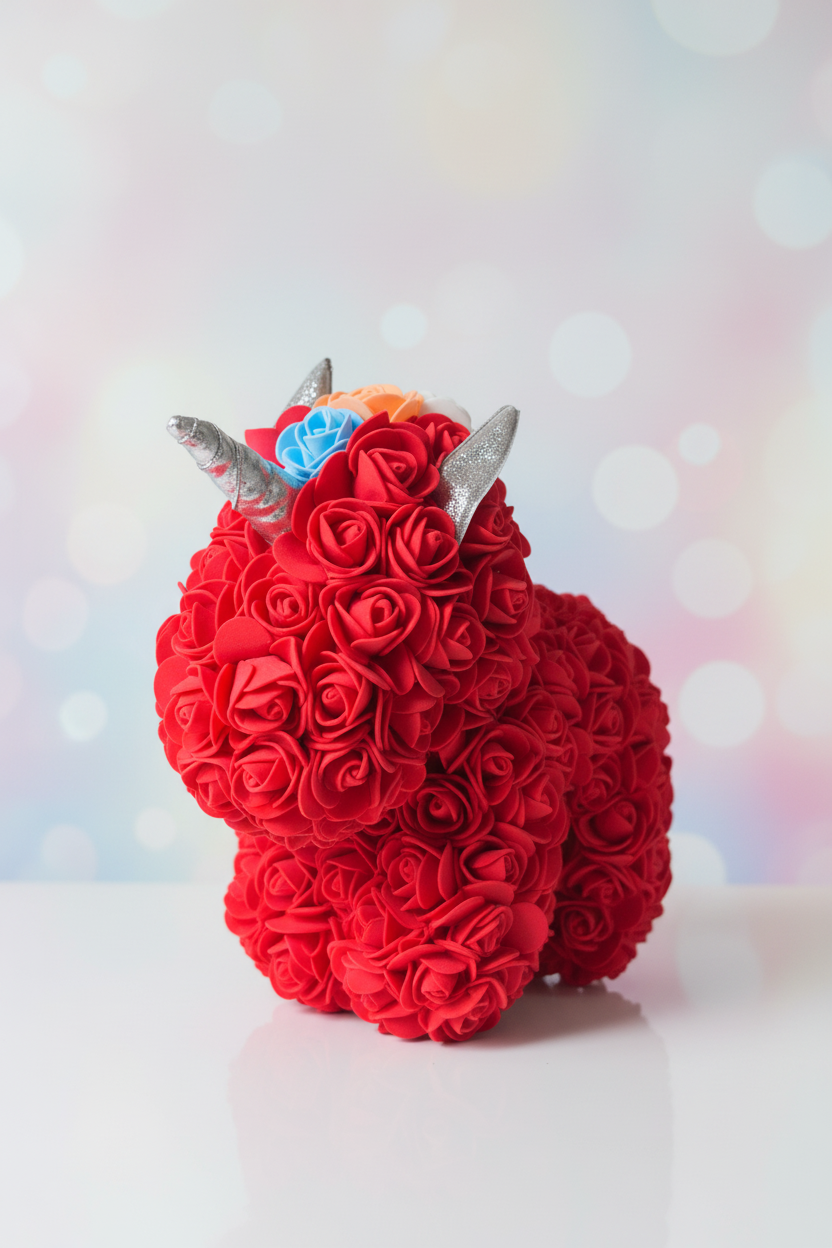 handgemaakte rode bloemen eenhoorn