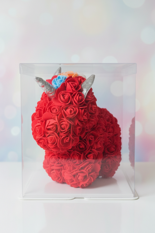 Handgemaakte eenhoorn met rode bloemen – 25 cm | Uniek handwerk, sprookjesachtig decor of cadeau