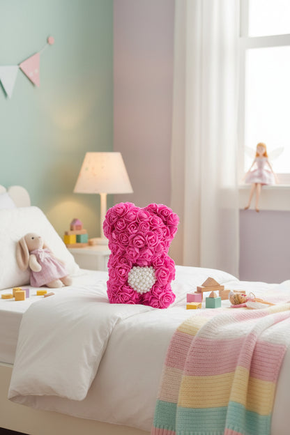 Handmade Pink Rose Bear with White Heart (25 cm) – romantic gift