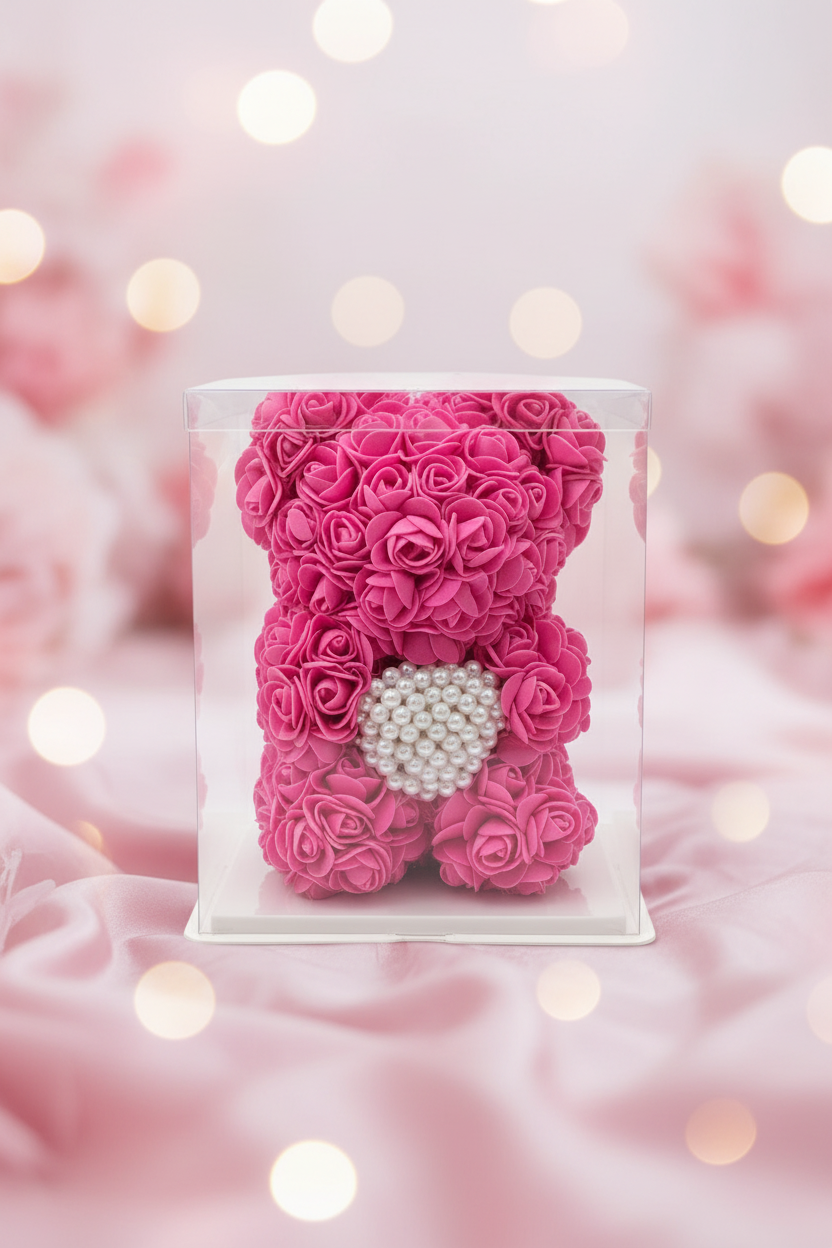 Handmade Pink Rose Bear with White Heart (25 cm) – romantic gift