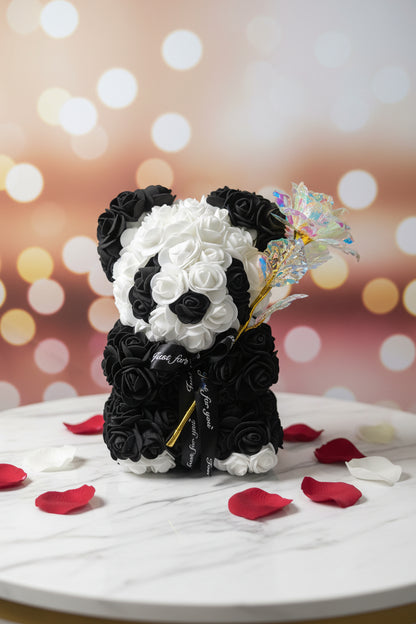 Handmade Panda Rose Bear 25 cm – With Colorful Rose, Unique & Romantic Gift