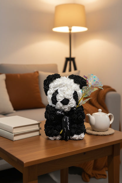 Handmade Panda Rose Bear 25 cm – With Colorful Rose, Unique & Romantic Gift