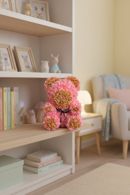 Ourson rose fleuri fait main 30 cm – avec détails marron, l'ourson de roses qui ne fanera jamais