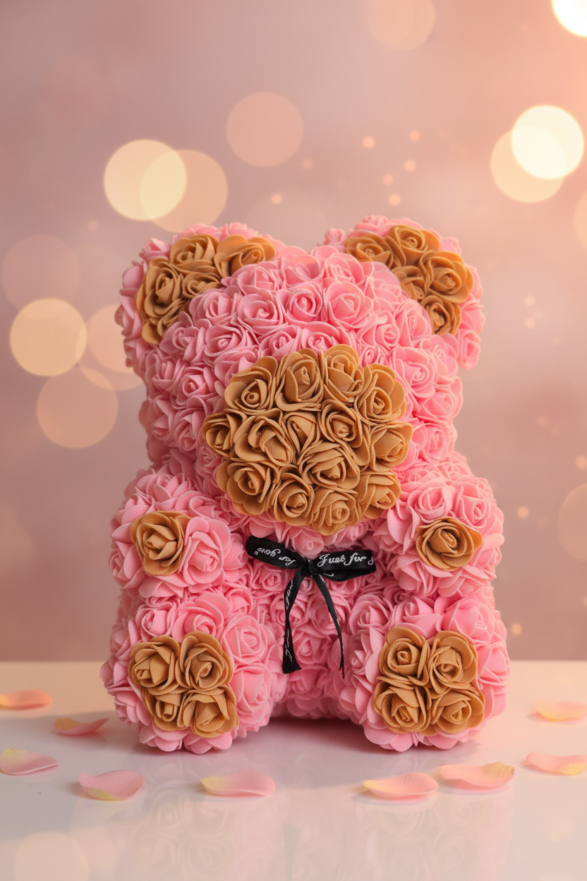 Ourson rose fleuri fait main 30 cm – avec détails marron, l'ourson de roses qui ne fanera jamais