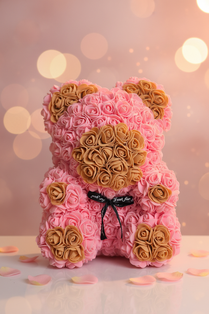 Ourson rose fleuri fait main 30 cm – avec détails marron, l'ourson de roses qui ne fanera jamais