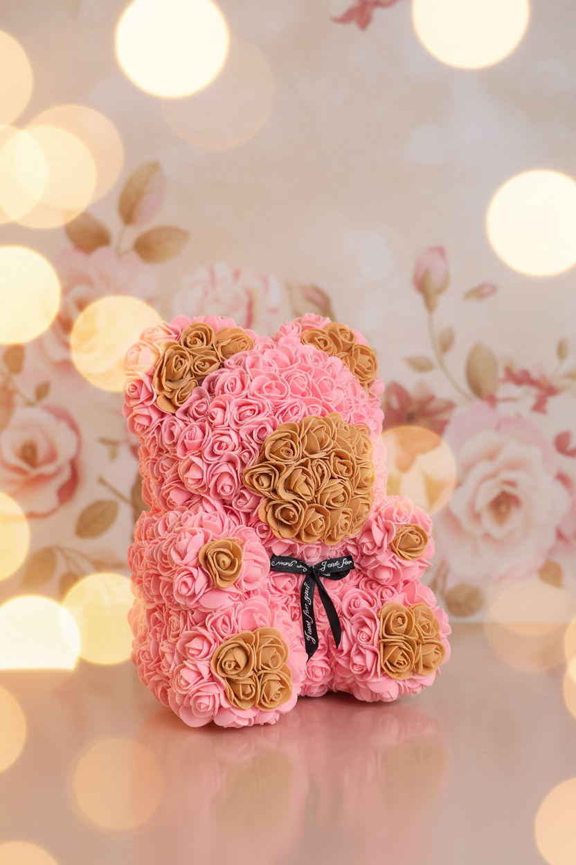 Ourson rose fleuri fait main 30 cm – avec détails marron, l'ourson de roses qui ne fanera jamais