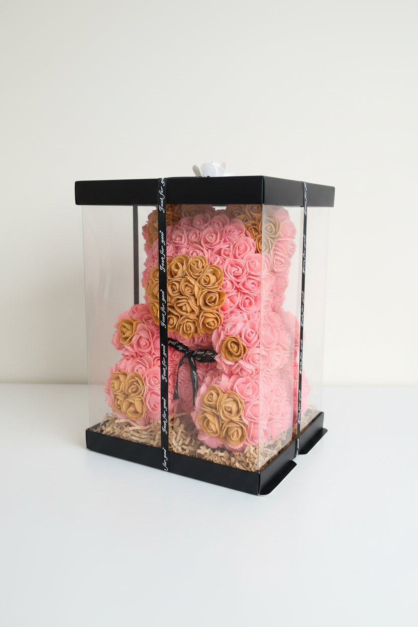 Ourson rose fleuri fait main 30 cm – avec détails marron, l'ourson de roses qui ne fanera jamais