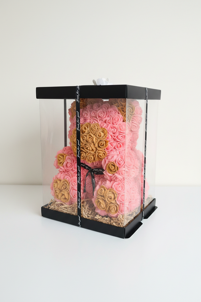 Ourson rose fleuri fait main 30 cm – avec détails marron, l'ourson de roses qui ne fanera jamais