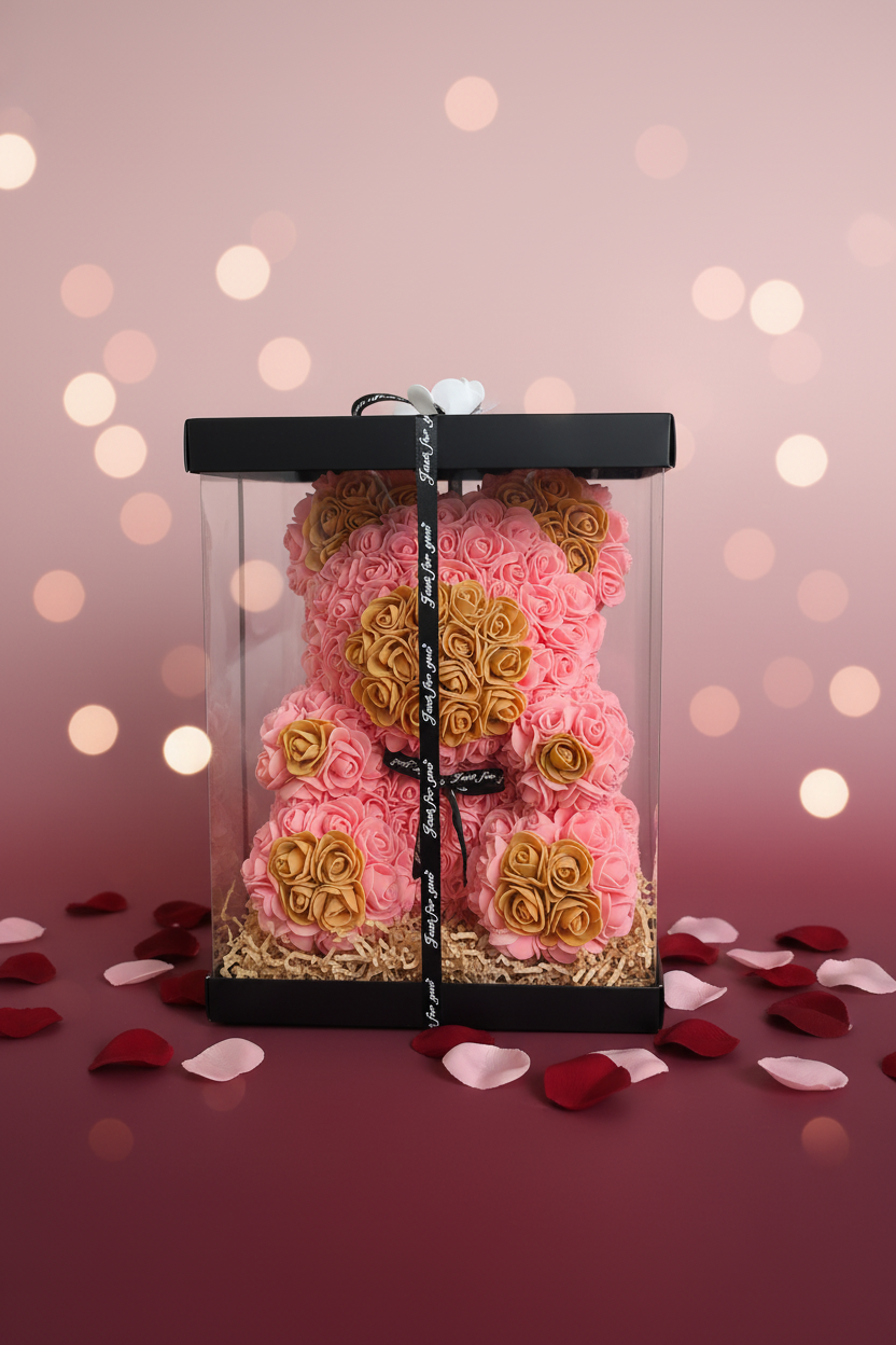 Ourson rose fleuri fait main 30 cm – avec détails marron, l'ourson de roses qui ne fanera jamais
