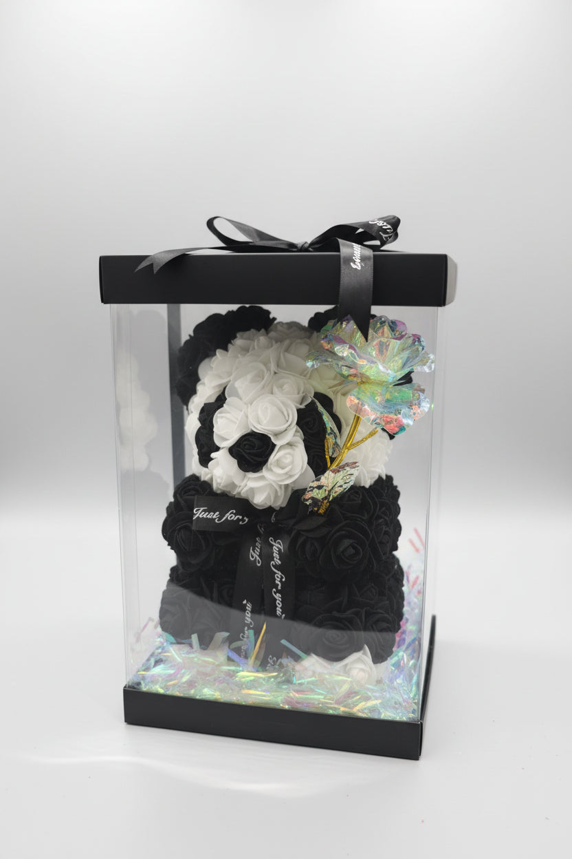 Handmade Panda Rose Bear 25 cm – With Colorful Rose, Unique & Romantic Gift
