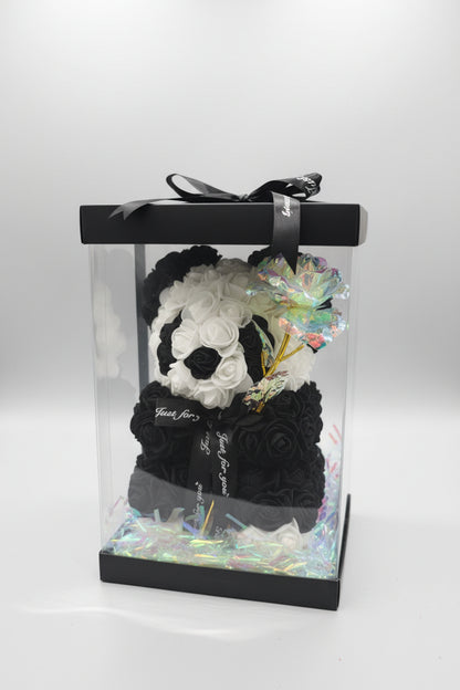 Handmade Panda Rose Bear 25 cm – With Colorful Rose, Unique & Romantic Gift