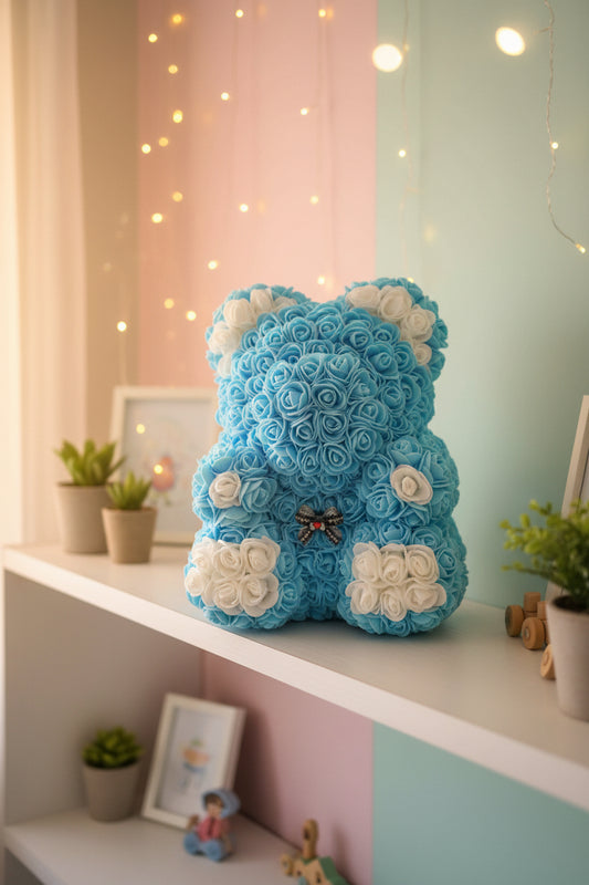 bloemenbeer blauw met wit 30cm handgemaakt