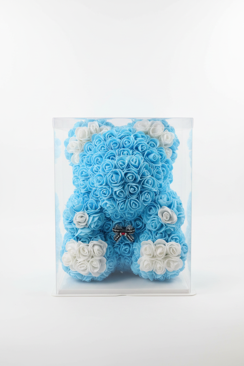 Blauw‑witte Bloemenbeer 30 cm – Handgemaakt, Perfect als Cadeau & Eyecatcher voor Elk Interieur