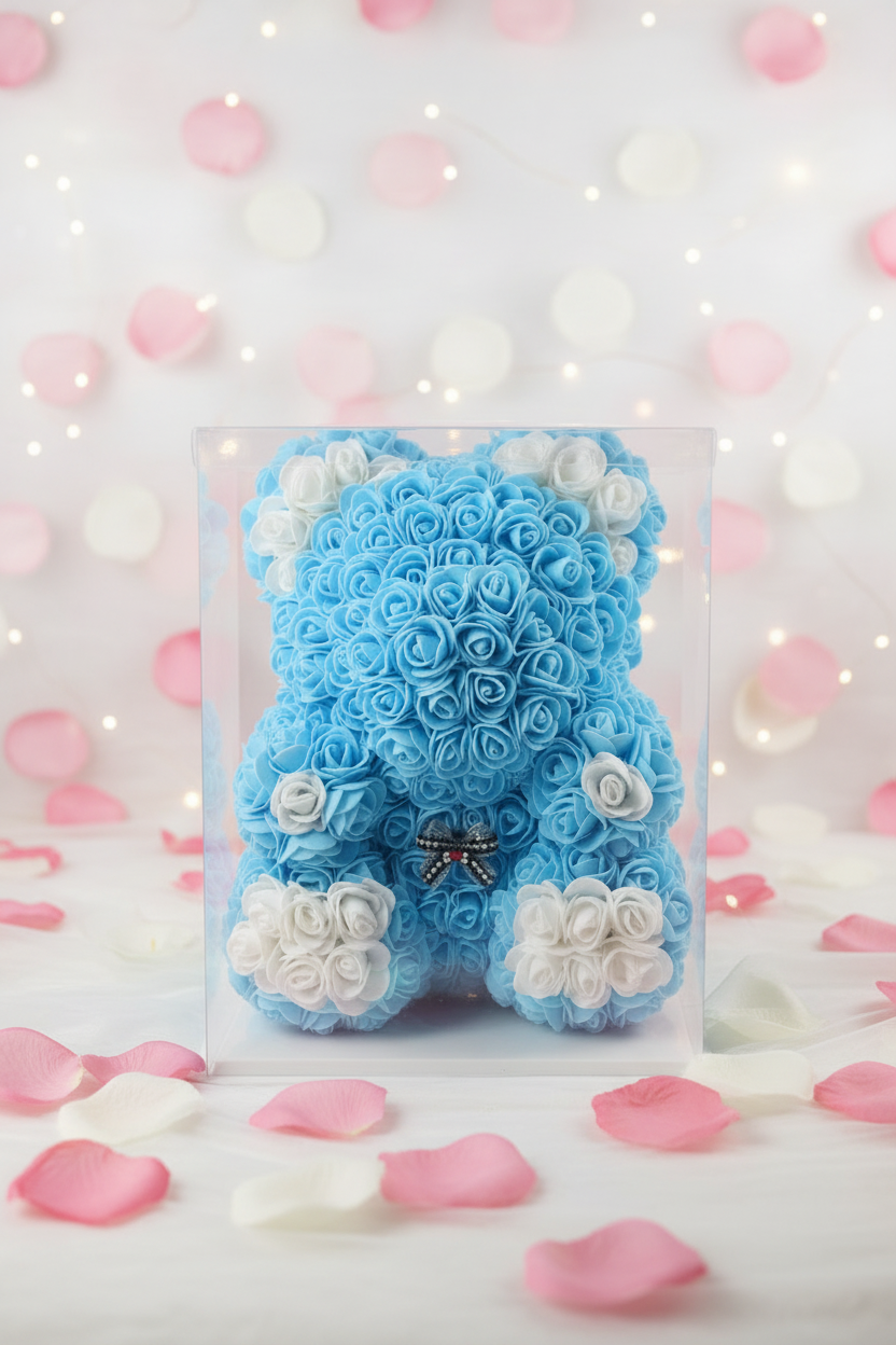 Blauw‑witte Bloemenbeer 30 cm – Handgemaakt, Perfect als Cadeau & Eyecatcher voor Elk Interieur