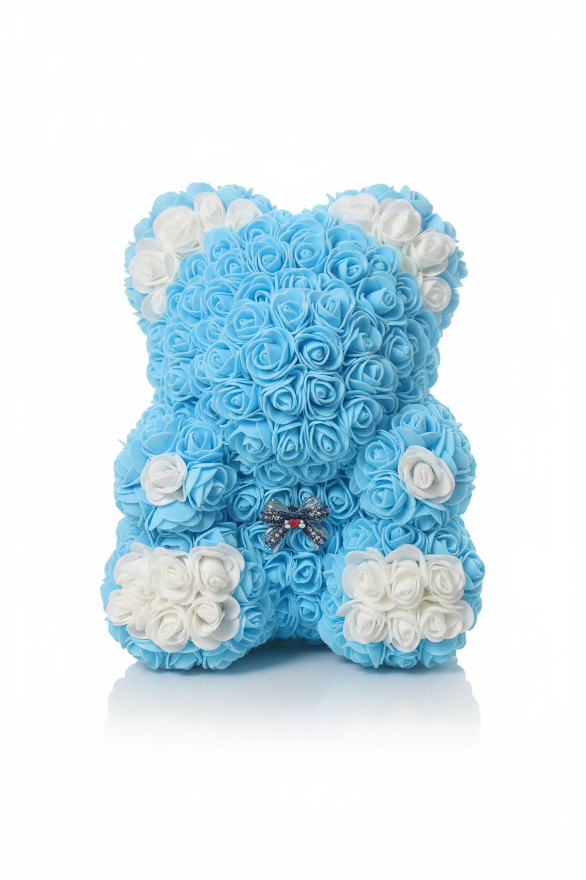 Blauw‑witte Bloemenbeer 30 cm – Handgemaakt, Perfect als Cadeau & Eyecatcher voor Elk Interieur