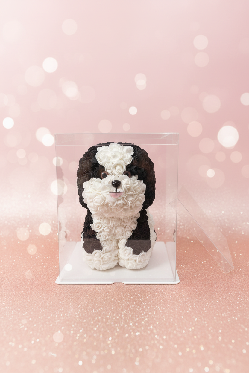 Handgemaakte rozenhond 30 cm – Uniek bloemenbeeld en hartverwarmend cadeau