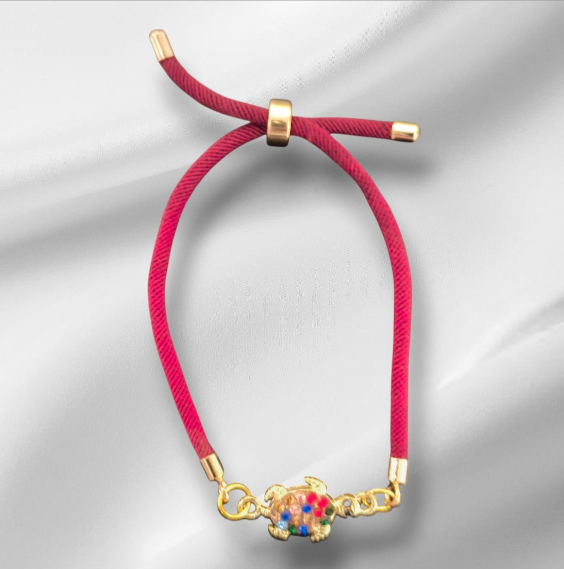 Nylon Bracelet Handmade with Turtle Charm and Multicolored Gemstones