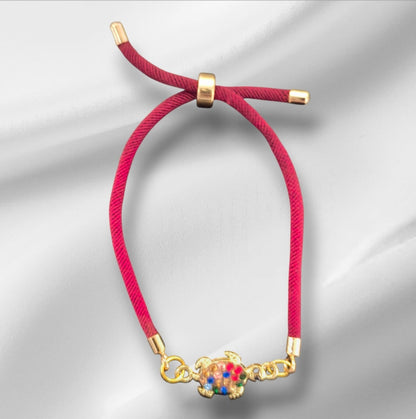 Nylon Bracelet Handmade with Turtle Charm and Multicolored Gemstones