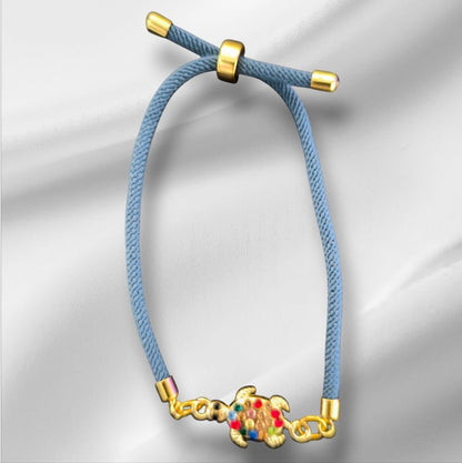 Nylon Bracelet Handmade with Turtle Charm and Multicolored Gemstones