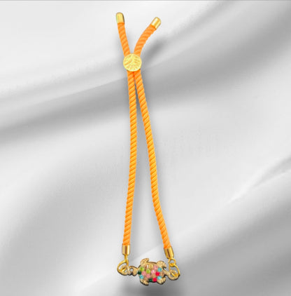 Nylon Bracelet Handmade with Turtle Charm and Multicolored Gemstones
