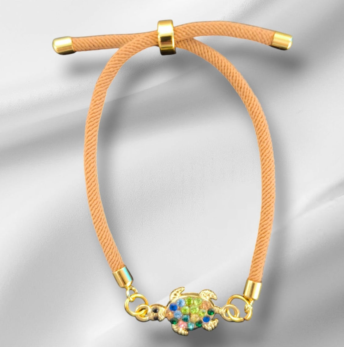 Nylon Bracelet Handmade with Turtle Charm and Multicolored Gemstones