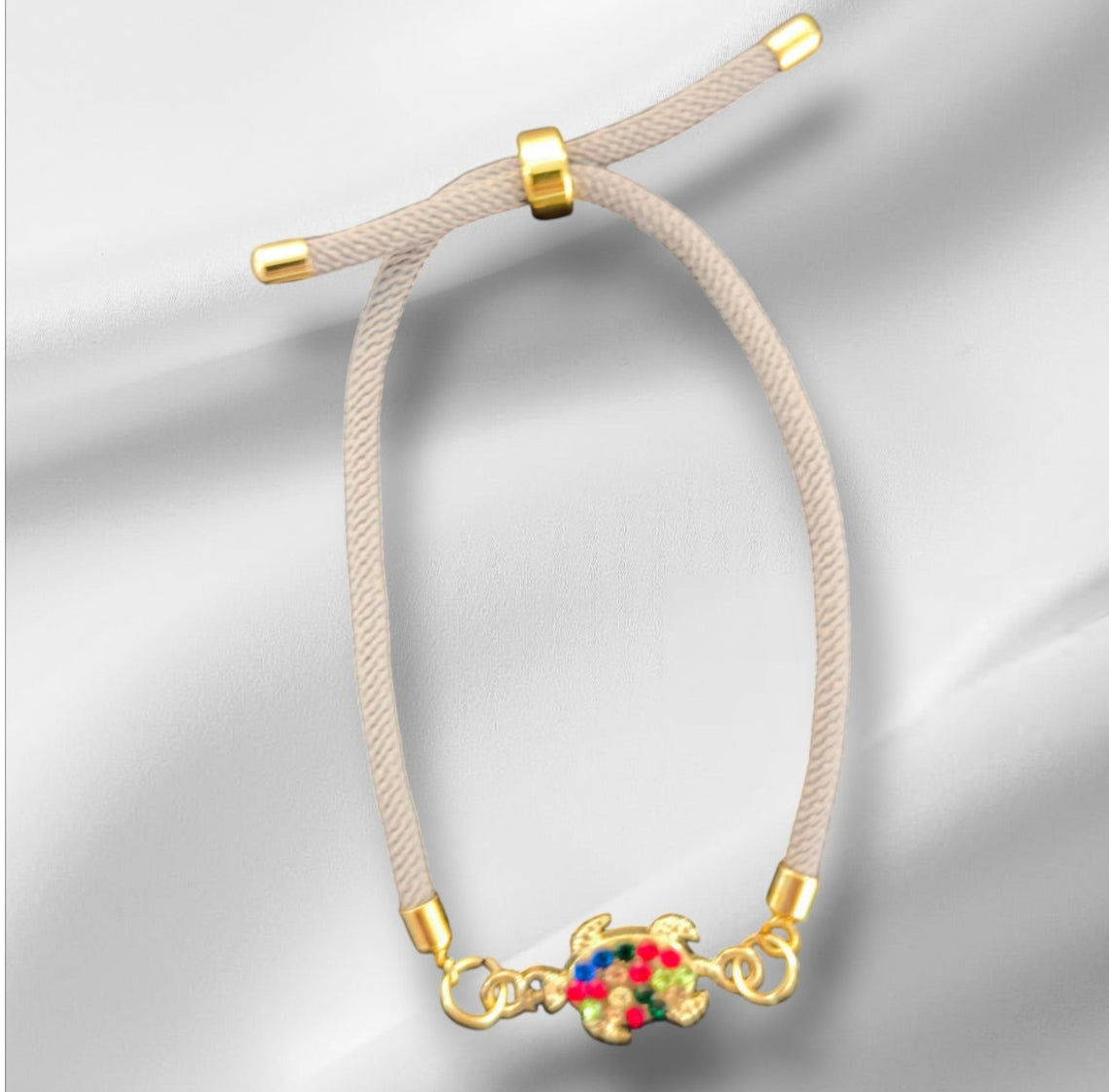 Nylon Bracelet Handmade with Turtle Charm and Multicolored Gemstones