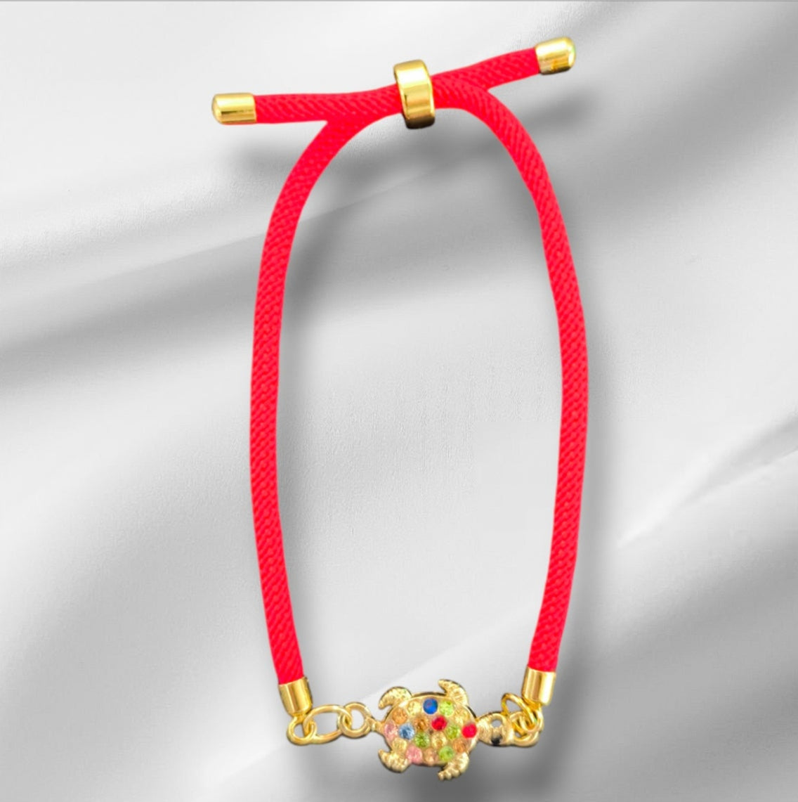 Nylon Bracelet Handmade with Turtle Charm and Multicolored Gemstones