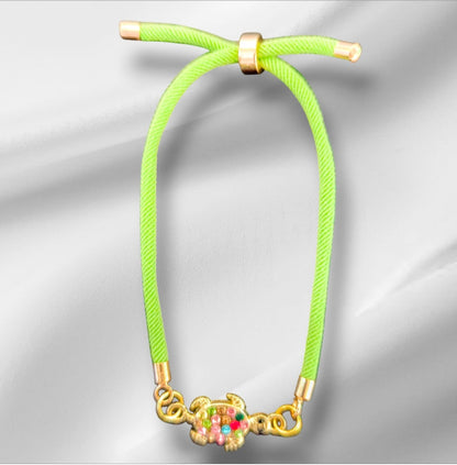 Nylon Bracelet Handmade with Turtle Charm and Multicolored Gemstones
